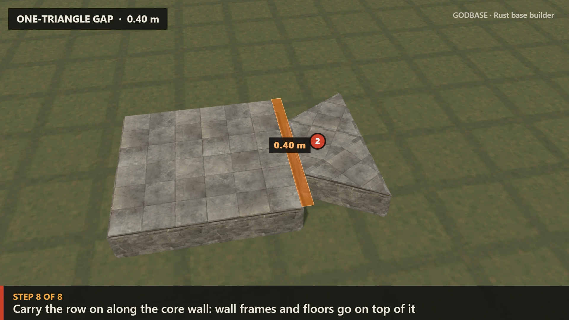 One-triangle gap: a stone core and a row of triangle foundations 0.40 m away, with the gap marked in orange