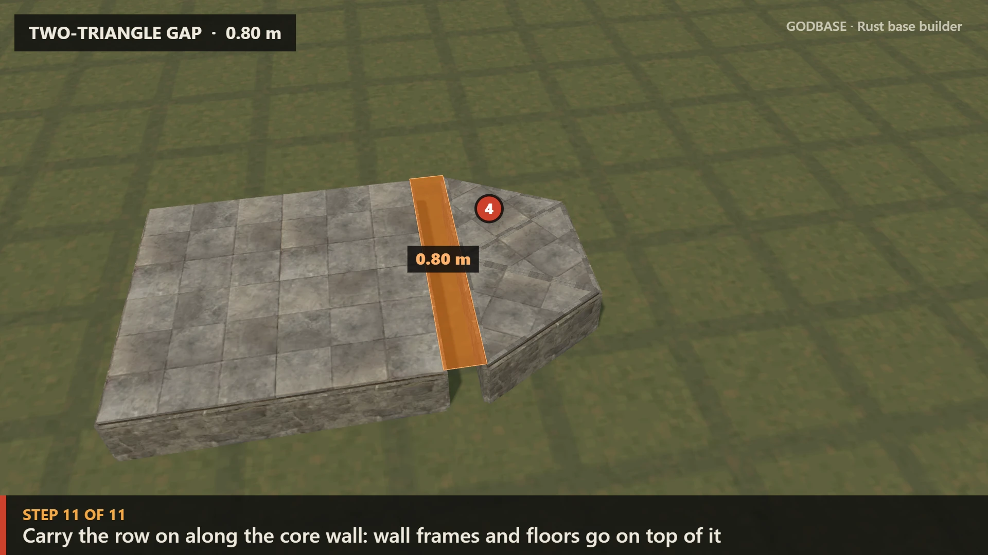 Two-triangle gap: a stone core and a row of triangle foundations 0.80 m away, with the gap marked in orange