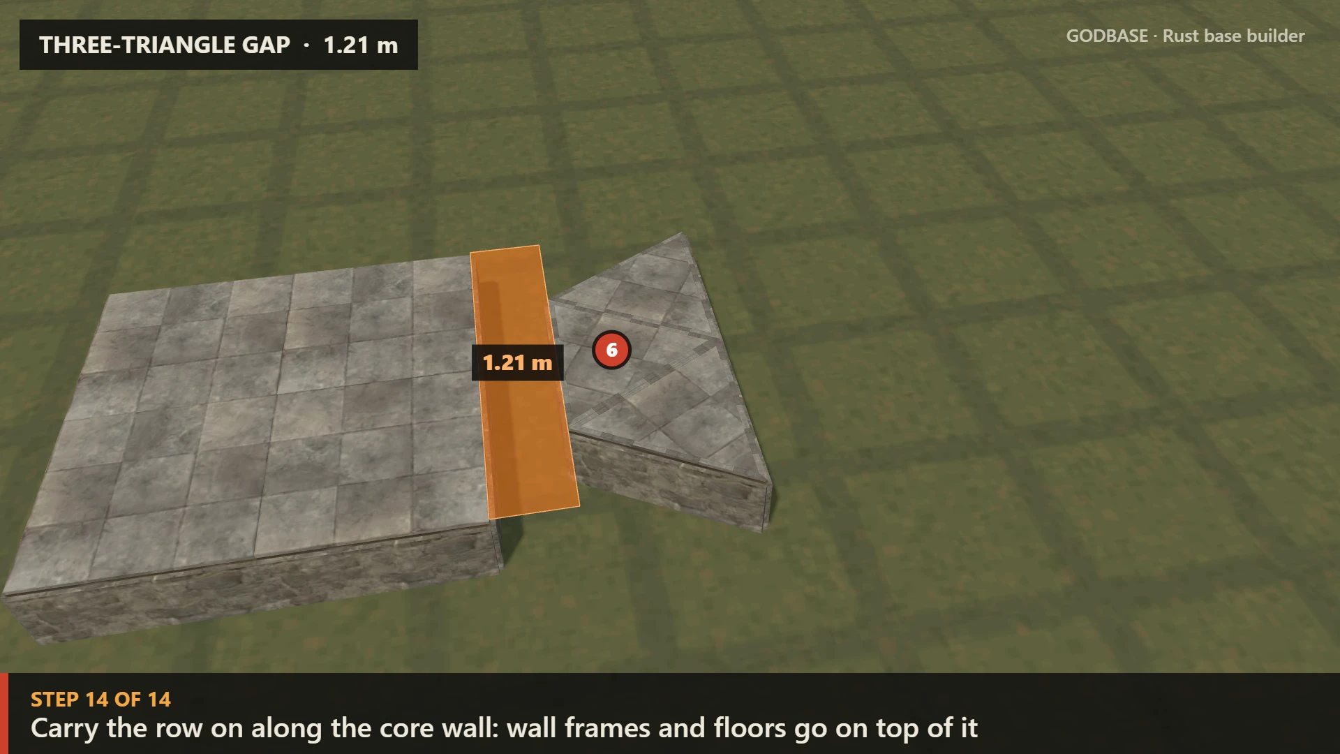 Three-triangle gap: a stone core and a row of triangle foundations 1.21 m away, with the gap marked in orange