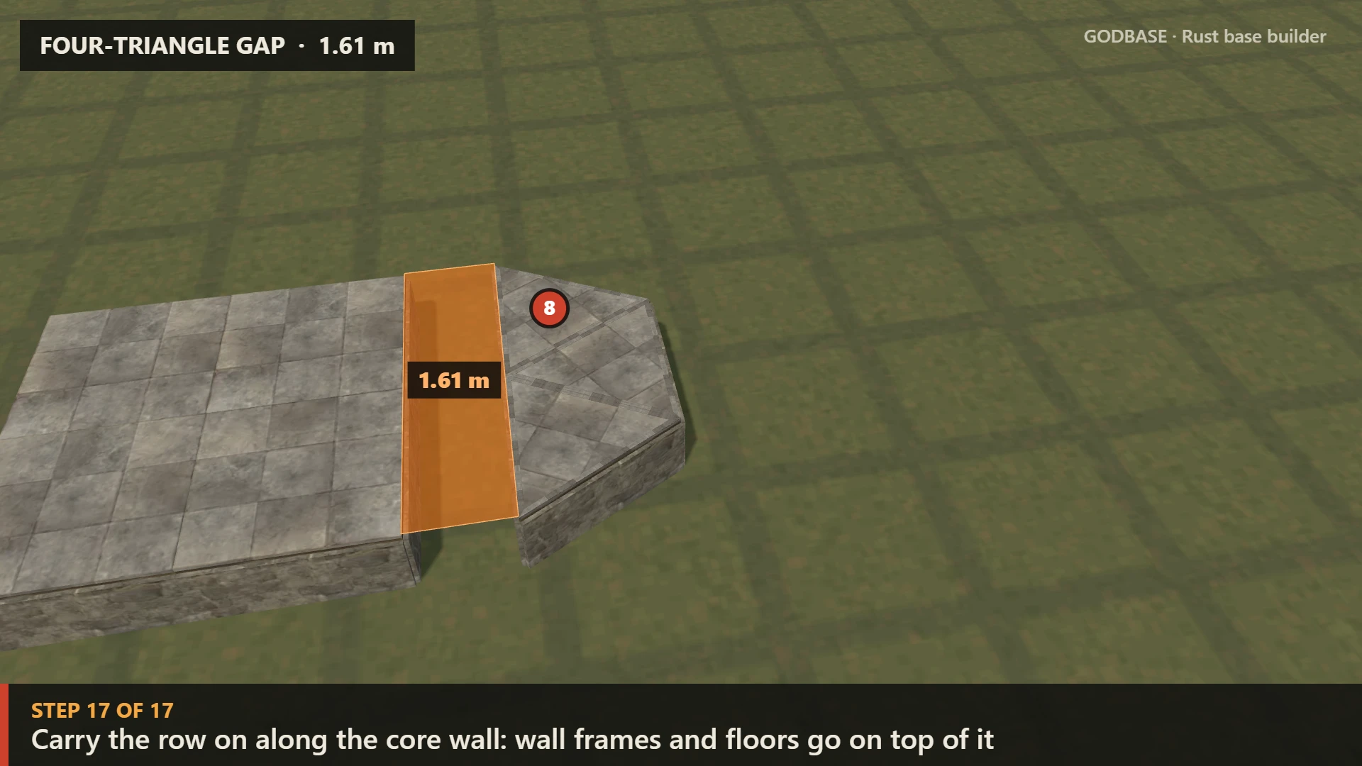 Four-triangle gap: a stone core and a row of triangle foundations 1.61 m away, with the gap marked in orange