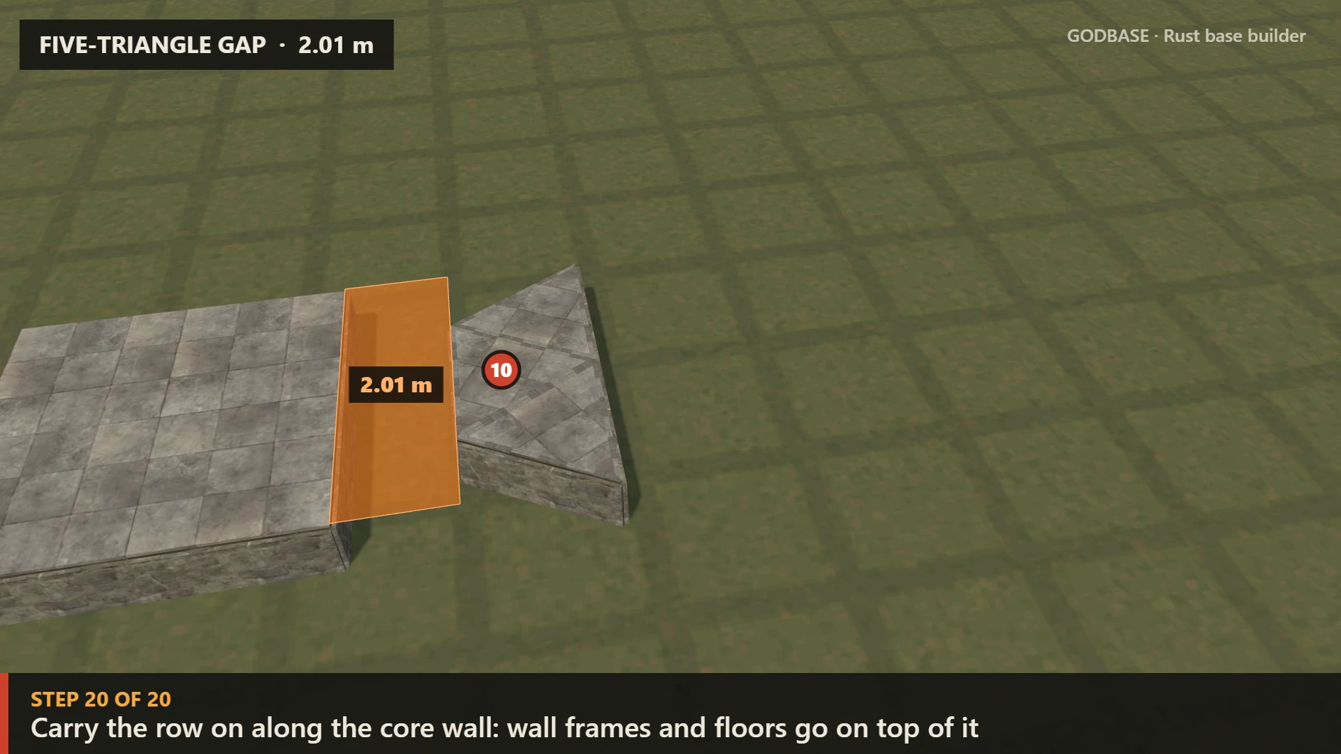 Five-triangle gap: a stone core and its outer foundation row 2.01 m away, with the gap marked