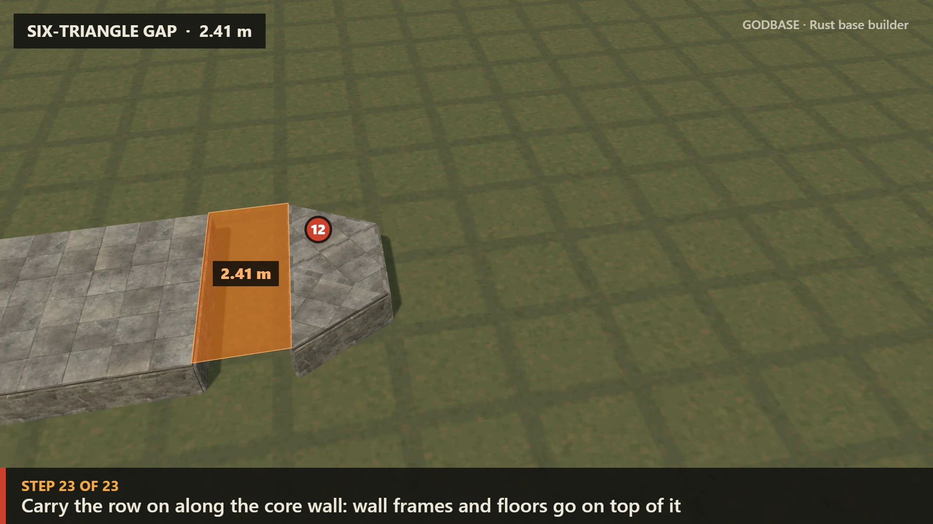 Six-triangle gap: a stone core and its outer foundation row 2.41 m away, with the gap marked