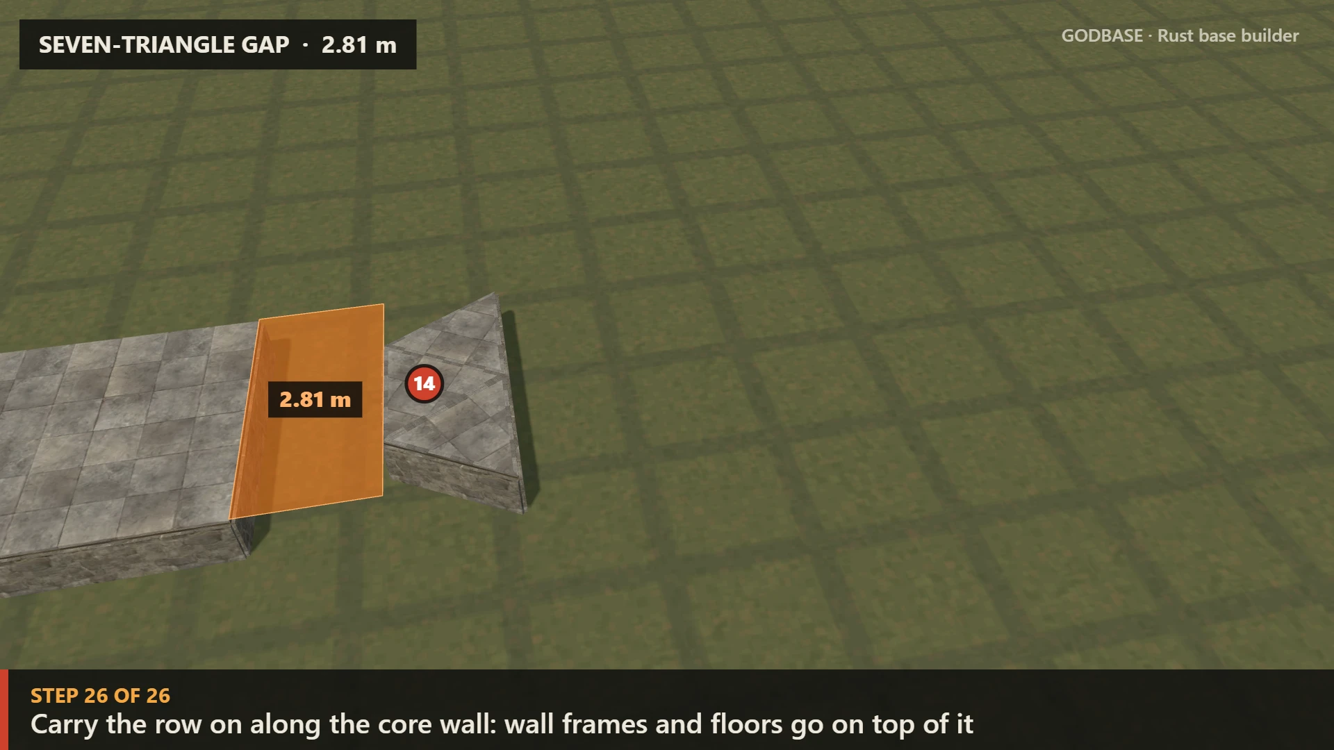 Seven-triangle gap: a stone core and its outer foundation row 2.81 m away, with the gap marked