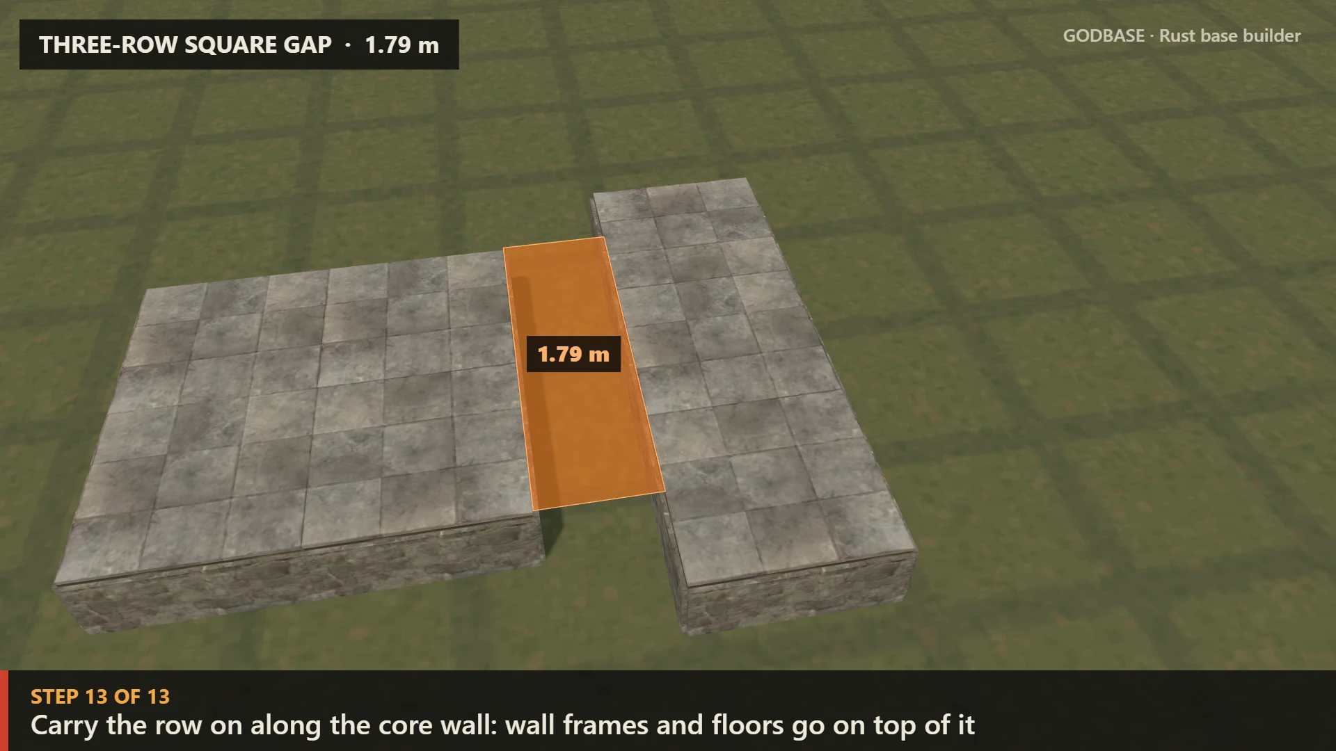 Three-row square gap: a stone core and its outer foundation row 1.79 m away, with the gap marked