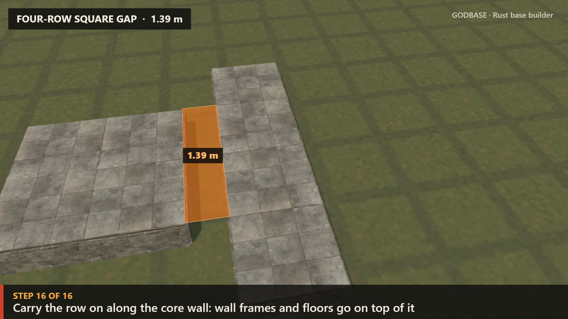 Four-row square gap: a stone core and its outer foundation row 1.39 m away, with the gap marked