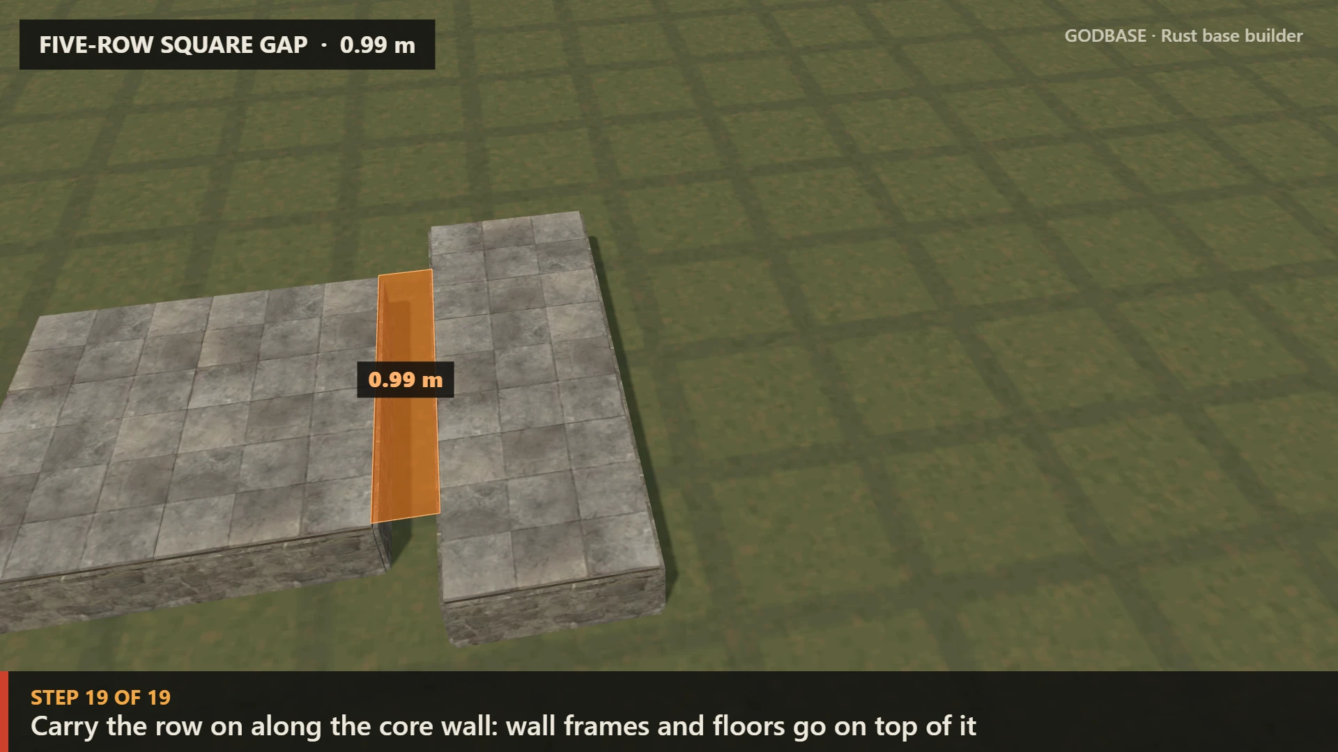 Five-row square gap: a stone core and its outer foundation row 0.99 m away, with the gap marked