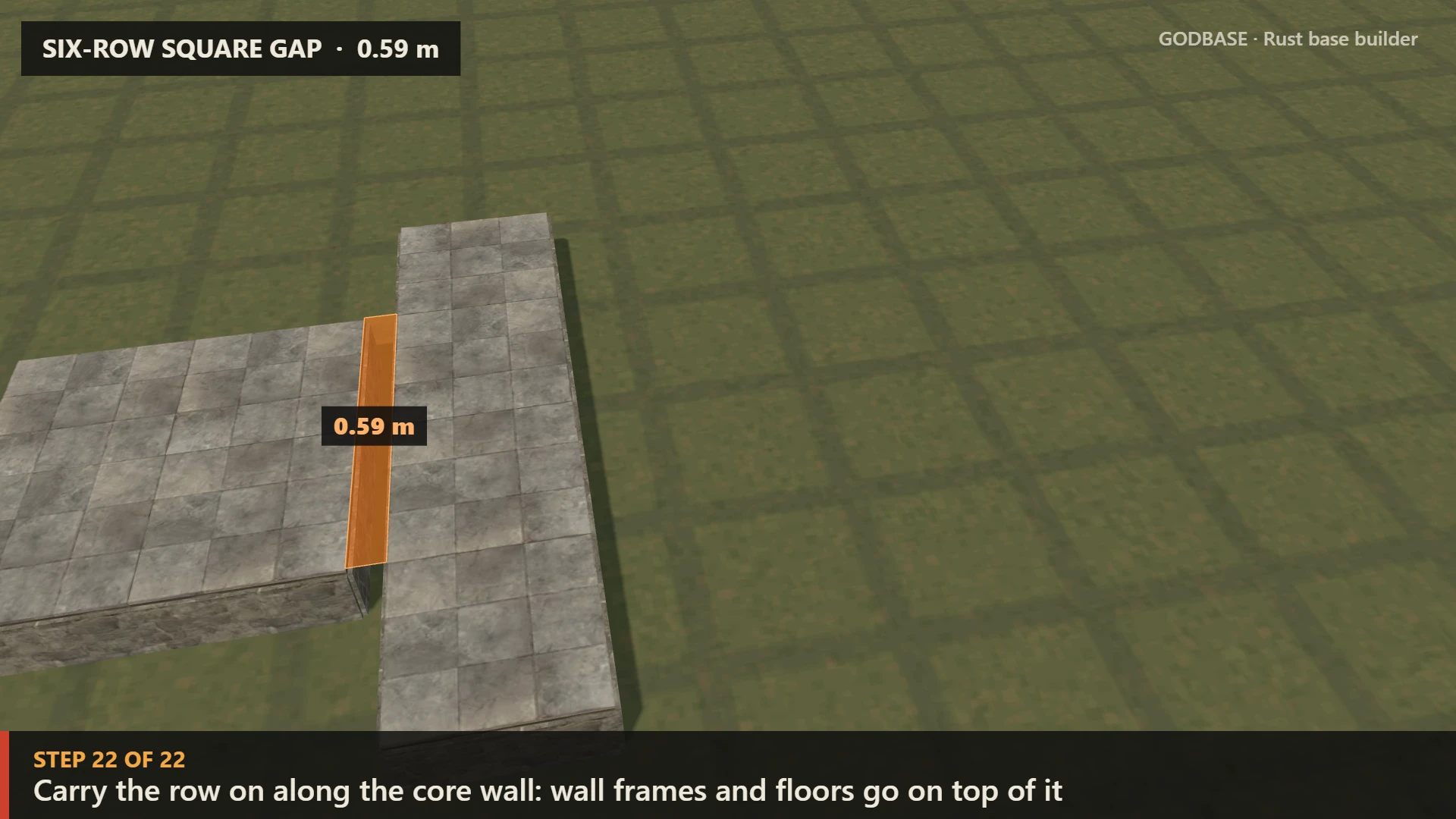 Six-row square gap: a stone core and its outer foundation row 0.59 m away, with the gap marked