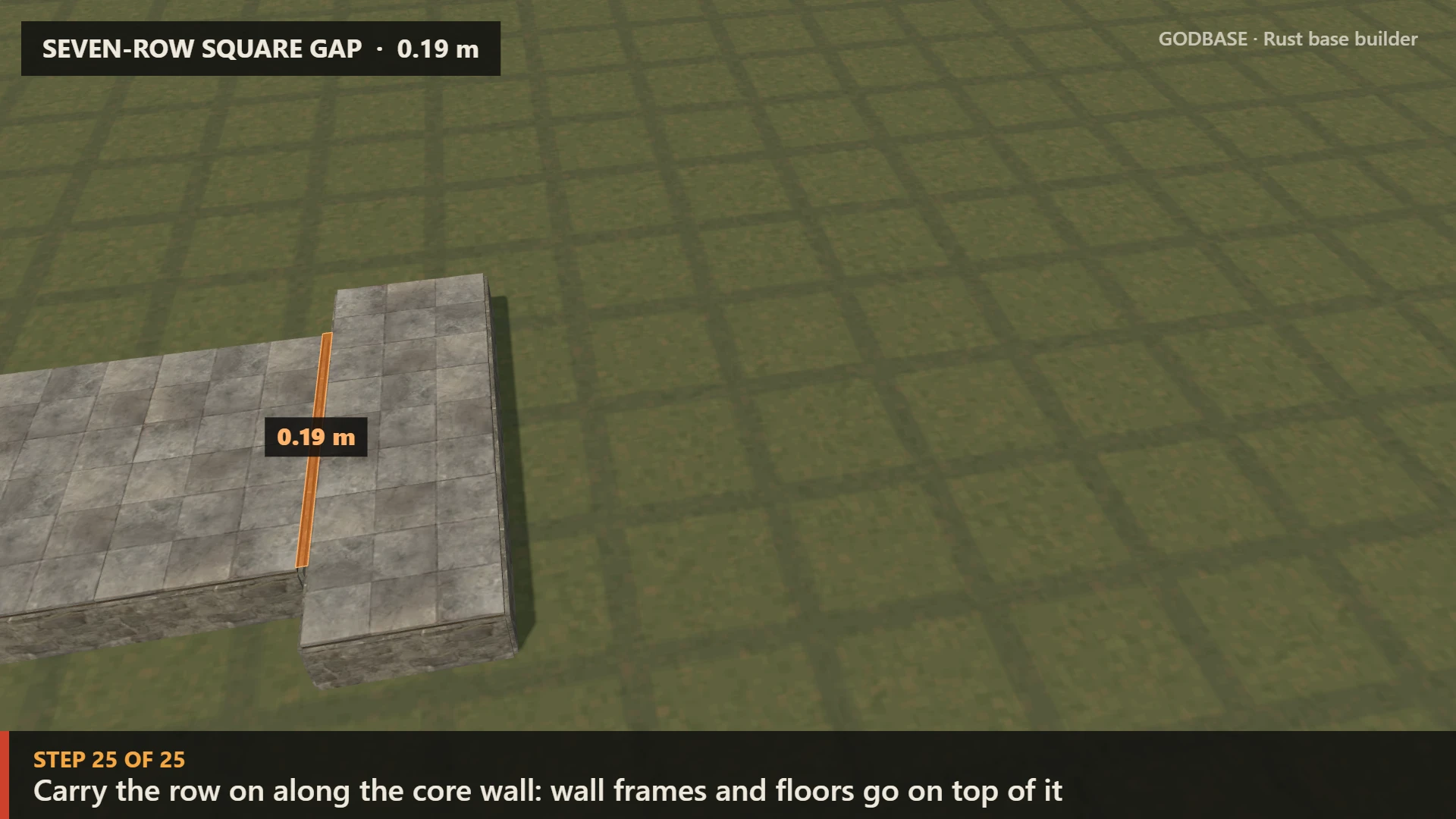 Seven-row square gap: a stone core and its outer foundation row 0.19 m away, with the gap marked