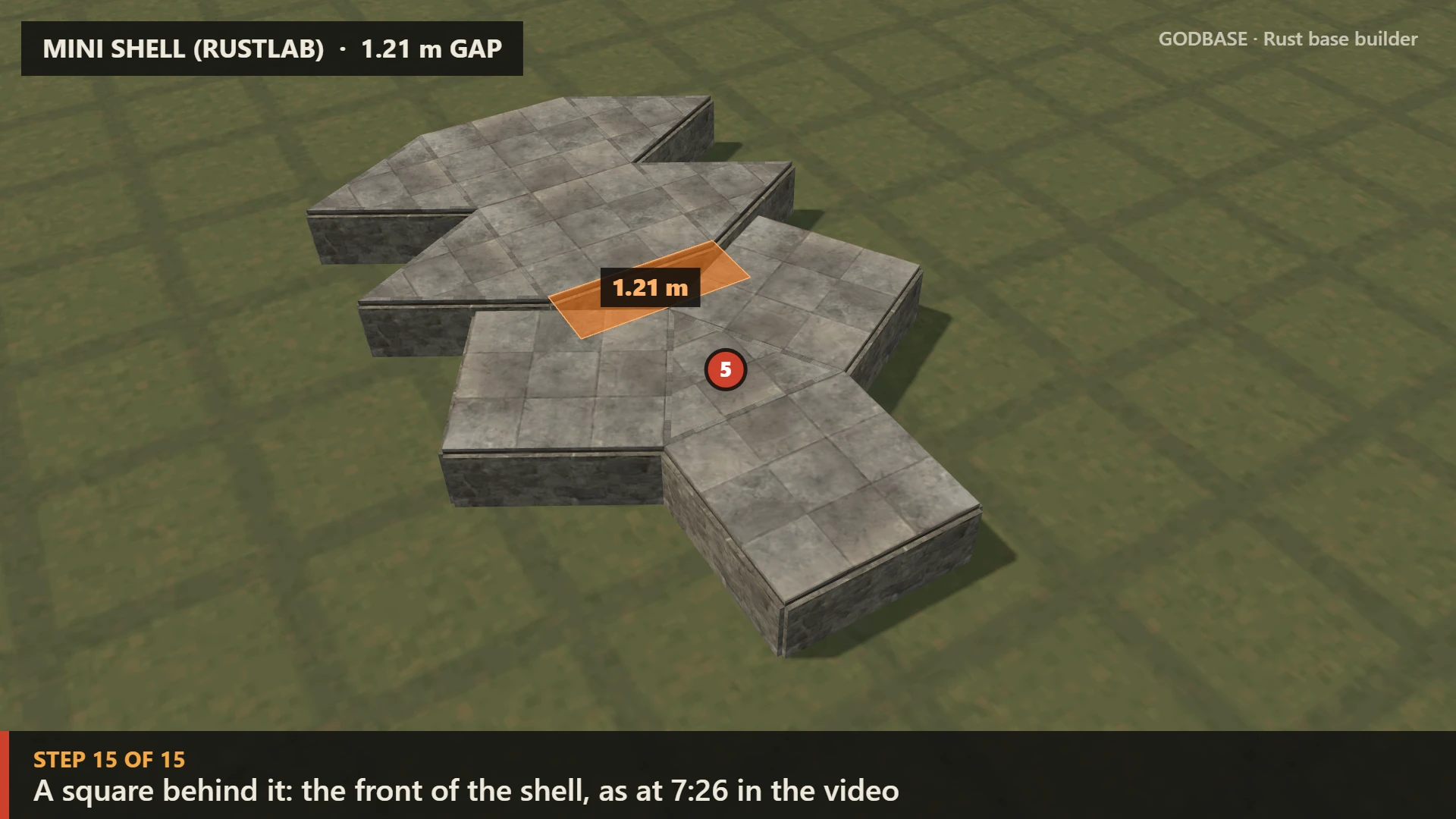 The start of the Mini SHELL: a stone 2x1 core with side triangles, a triangle pointing at the door 1.21 m away, a square turned 30 degrees on each side of it and one behind it