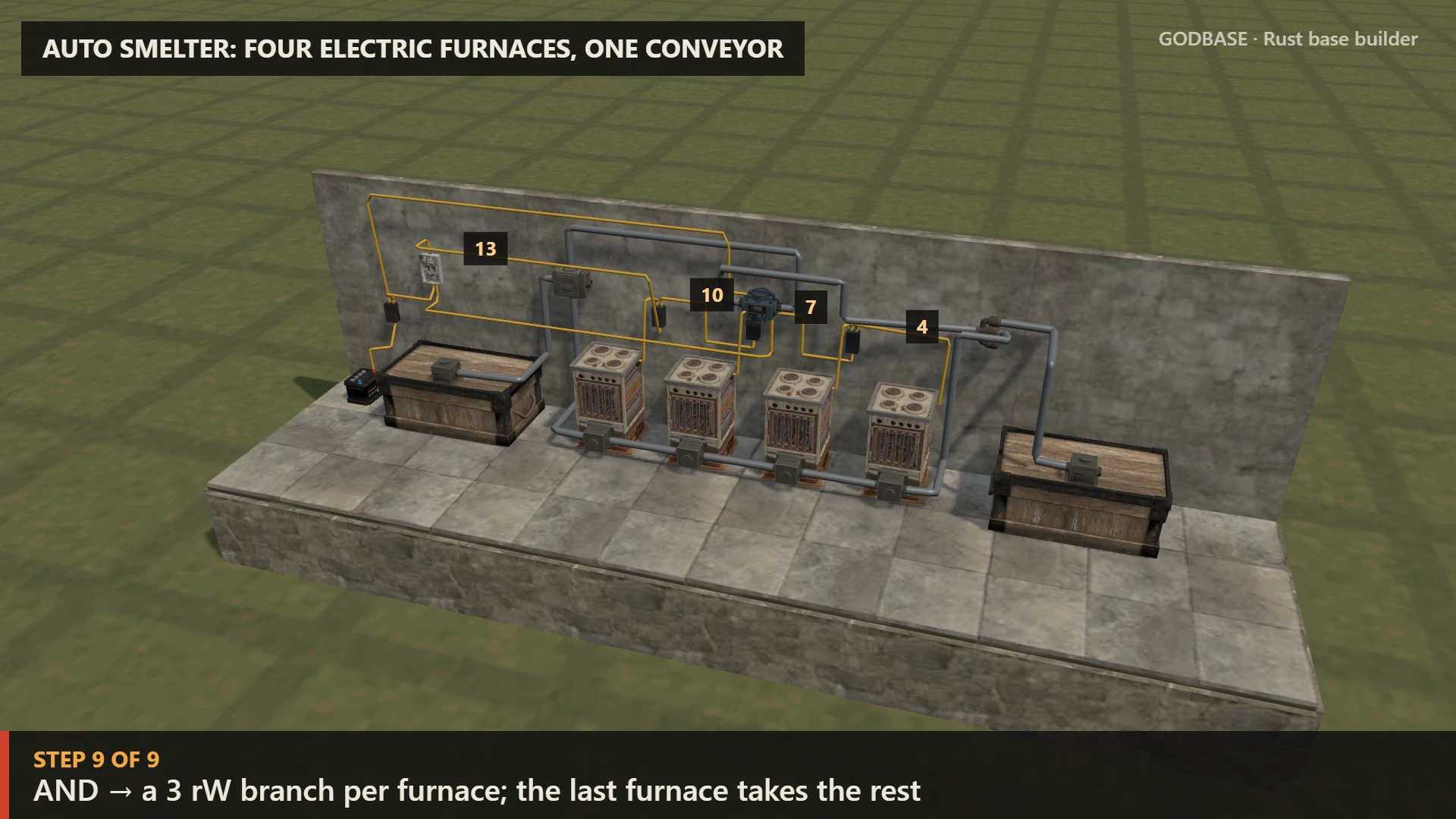 Auto smelter: four electric furnaces, one conveyor: the finished setup in 3D with its pipes and wires