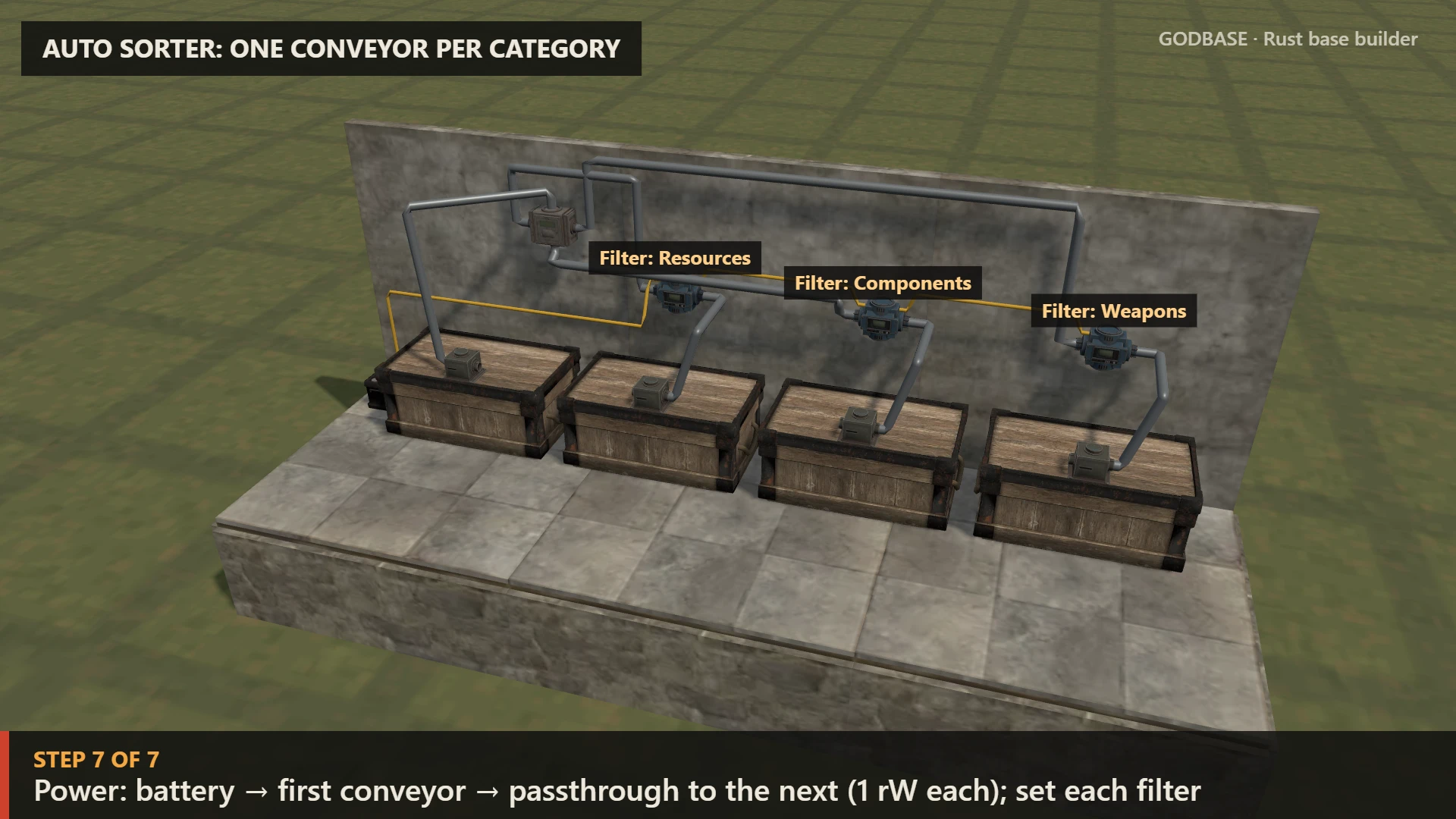 Auto sorter: one conveyor per category: the finished setup in 3D with its pipes and wires