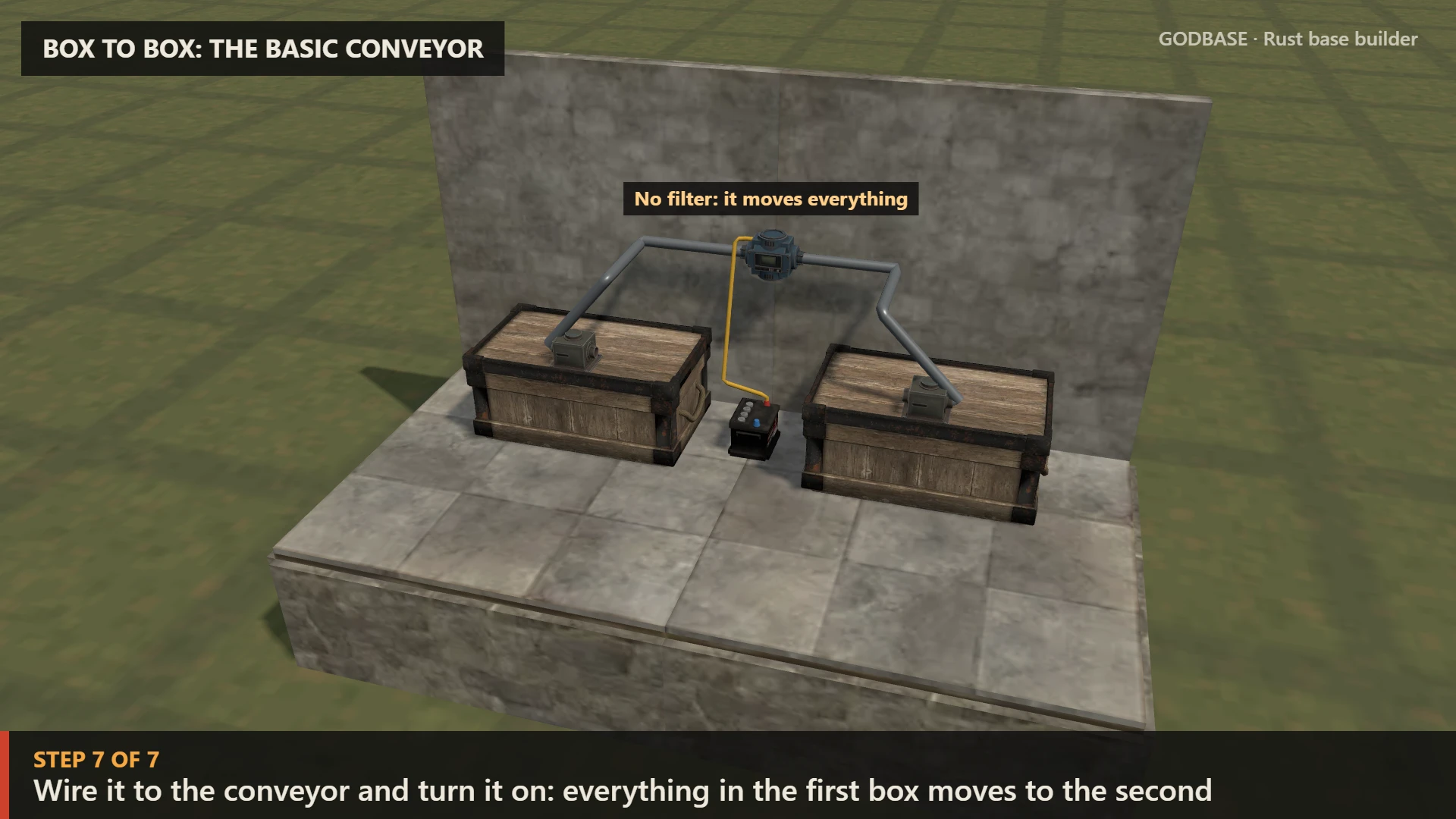Box to box: the basic conveyor: the finished setup in 3D with its pipes and wires